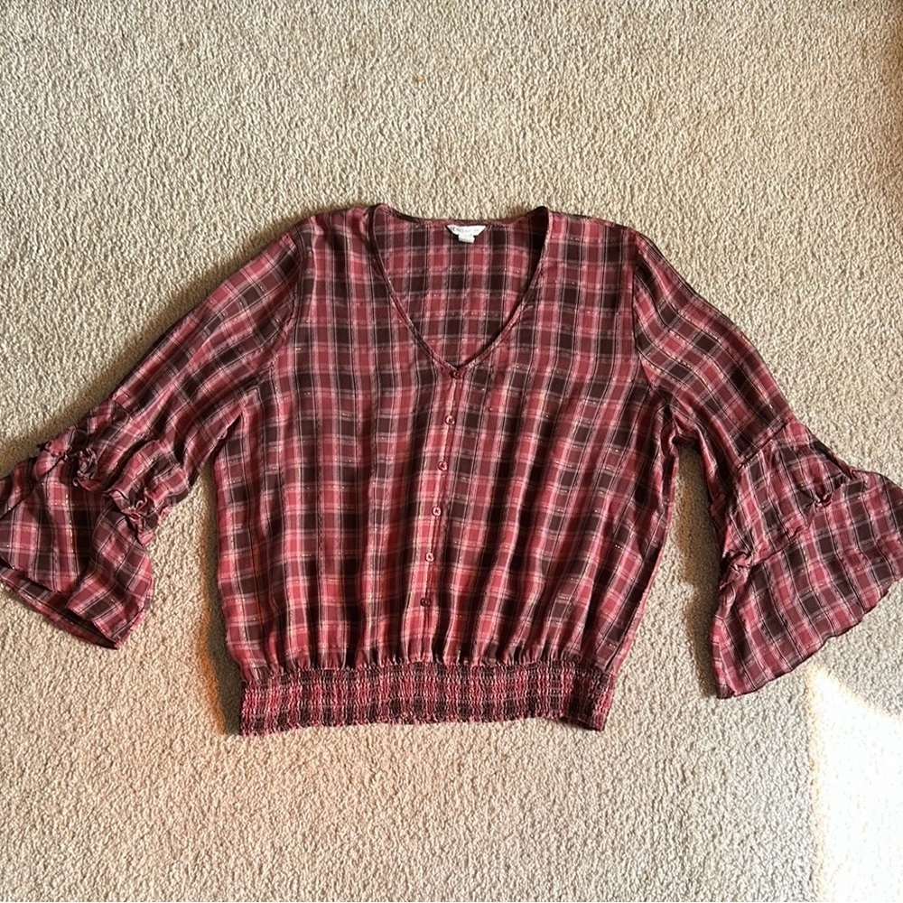 Cato Boho Brown and Gold Ruched Ruffled 3/4 Sleeve Blouse
